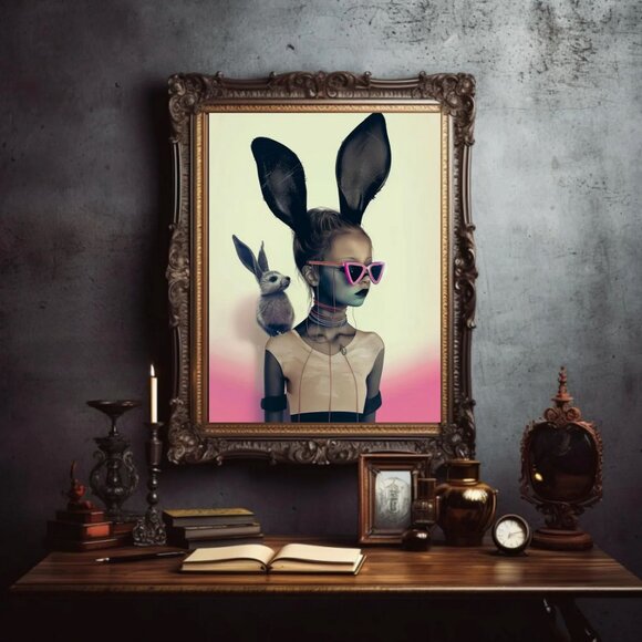 Original Goth Pink Bunny Art Print + Digital Copy, Girl With Bunny Ears - Picture 3 of 8